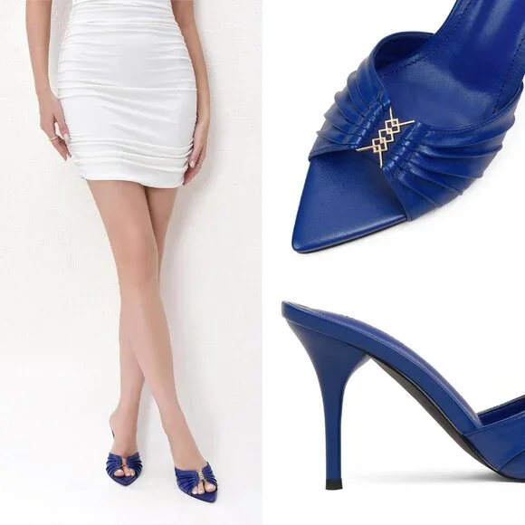 Women's Blue Mules High Heels with Pointed Peep Toe Heeled Sandals Faux Leather